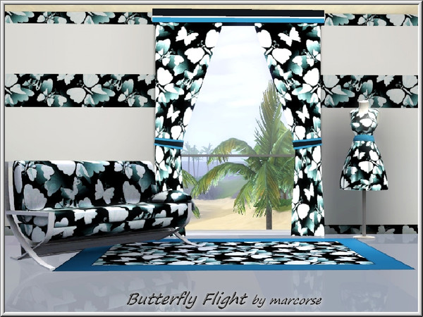 Sims 3 — Butterfly Flight_marcorse by marcorse — Themed pattern: pale aqua butterflies on black