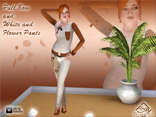 Sims 3 — Bow with Flowers- Top and Jeans by Devirose — A pretty simple set in shades of white and brown,with 1 pull