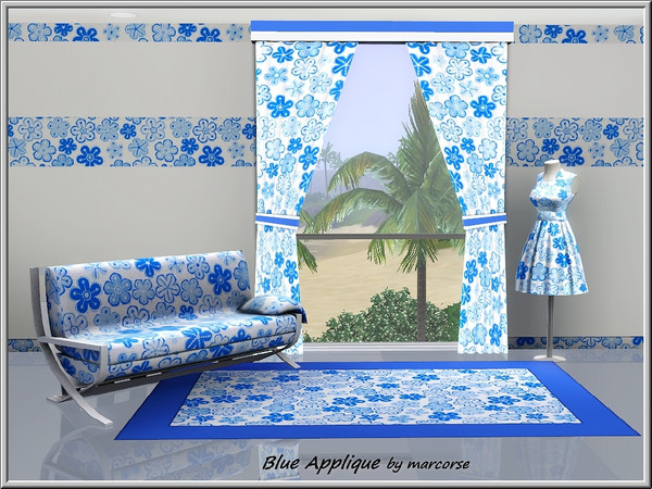 Sims 3 — Blue Applique_marcorse by marcorse — Fabric pattern: blue and white appliqued flowers on blue