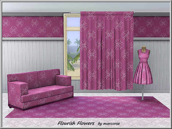 Sims 3 — Flourish Flowers_marcorse by marcorse — Fabric pattern: stylised flourish flowers in a pale crushed raspberry