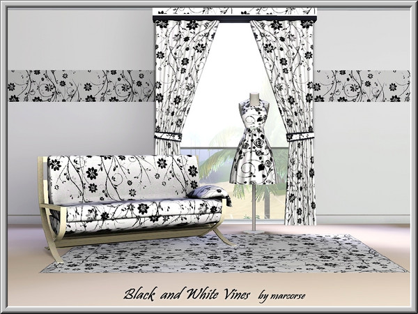 Sims 3 — Black and White Vines_marcorse by marcorse — Fabric pattern: black flowering vines on white
