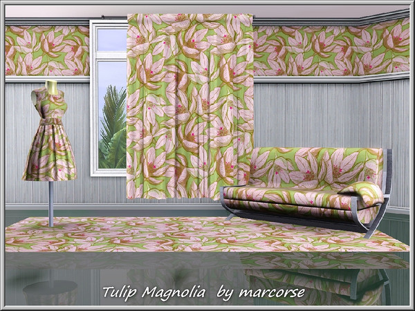 Sims 3 — Tulip Magnolia_marcorse by marcorse — Fabric pattern: large pink magnolia flowers on green.