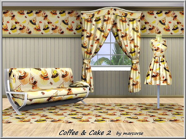 Sims 3 — Coffee and Cake 2_marcorse by marcorse — Themed pattern: iced and decorated cupcakes and fruit in yellows and