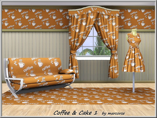 Sims 3 — Coffee and Cake1_marcorse by marcorse — Themed pattern: steaming coffee cups and beans in a regular repeat