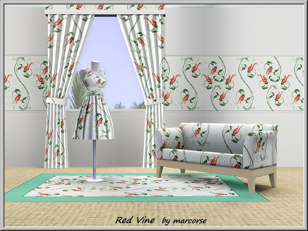 Sims 3 — Red Vine_marcorse by marcorse — Abstract pattern: green vines and red flowers in a regular repeat