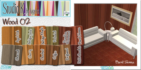 Sims 2 — Studio K Wood 02_01 by StudioKhagerks — 1-12 of 36 colors. Can be found under Paneling and can be purchased for