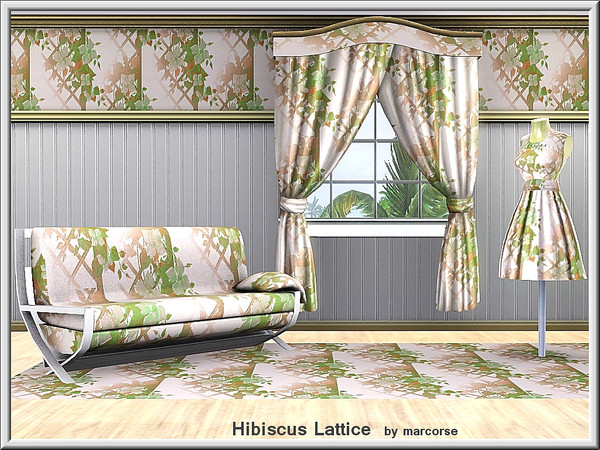 Sims 3 — Hibiscus Lattice_marcorse by marcorse — Themed pattern: hibiscus flowers on lattice in green and brown.