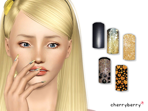 Sims 3 — Gold and Black nails by CherryBerrySim — Gorgeous gold and black nail set for female sims! Includes gold glitter