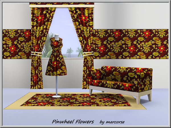 Sims 3 — Pinwheel Flowers_marcorse by marcorse — Fabric pattern: pinwheel flowers and daisies in orange, yellow and brown