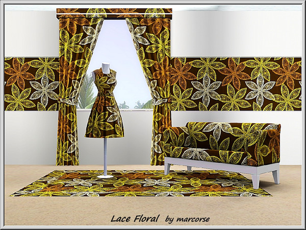 Sims 3 — Lace Floral_marcorse by marcorse — Fabric pattern: regular repeat,brown/yellow 6-petalled lacy daisy design