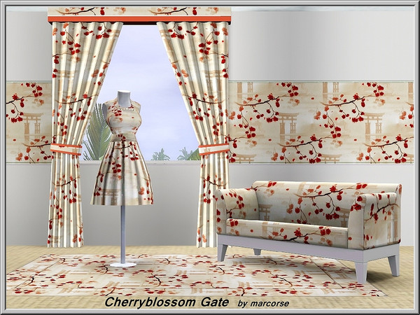 Sims 3 — Cherryblossom Gate_marcorse by marcorse — Themed pattern: cherry blossom branch and pagoda gate in red and brown