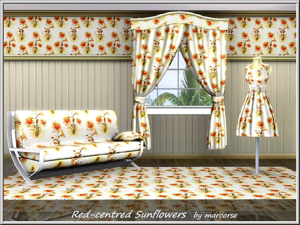 Sims 3 — Red-centred Sunflowers_marcorse by marcorse — Fabric pattern: pretty little yellow sunflowers with red centres
