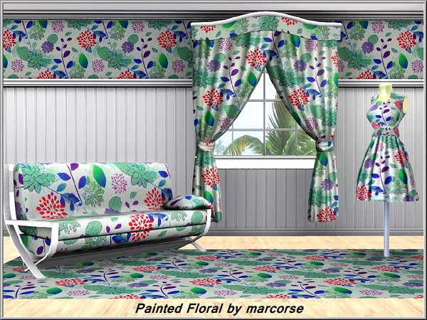 Sims 3 — Painted Floral_marcorse by marcorse — Themed pattern: hand painted flowers and leaves in green,blue and red