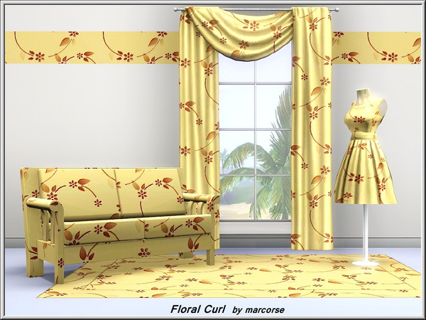 Sims 3 — Floral Curl_marcorse by marcorse — Fabric pattern: flowers and leaves on a curled flourish on yellow.