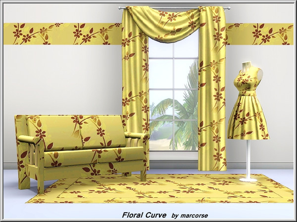 Sims 3 — Floral Curve_marcorse by marcorse — Yellow and Brown, curved flower and leaf design, Fabric pattern