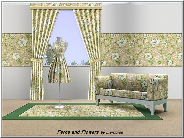 Sims 3 — Ferns and Flowers_marcorse by marcorse — Fabric pattern: stylised flowers and small ferns on an ecru background