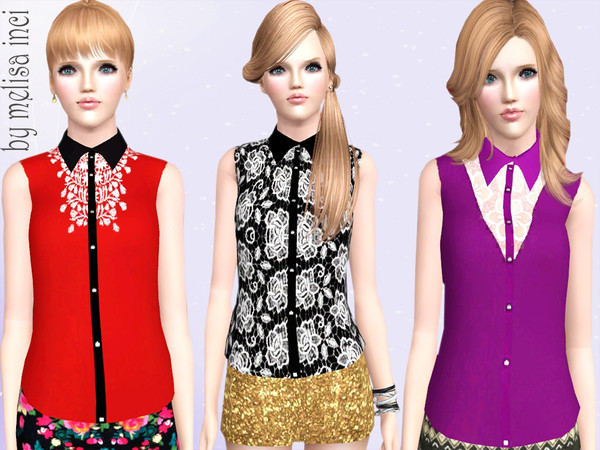 Sims 3 — Various Sleeveless Lace Blouse  by melisa_inci — A sleeveless lace shirt featuring a basic collar. Full button