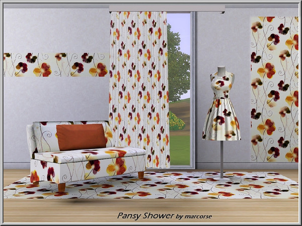 Sims 3 — Pansy Shower_marcorse by marcorse — Fabric pattern: stylised pansies and curled stems in red and yellow