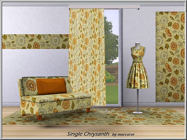 Sims 3 — Single Chrysanth_marcorse by marcorse — Fabric pattern: Chrysanthemum flowers and leaves in brown,yellow and