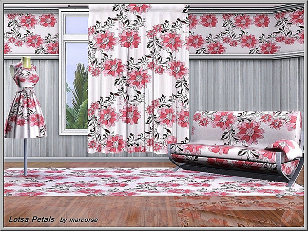 Sims 3 — Lots Petals_marcorse by marcorse — Fabric pattern: multi-petalled flowers in red and pink on white.