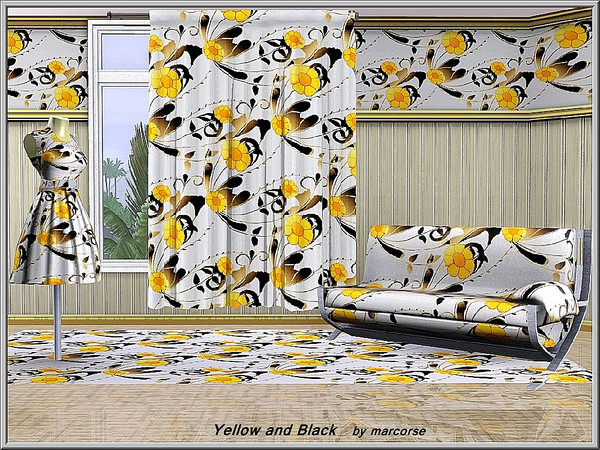 Sims 3 — Yellow and Black_marcorse by marcorse — Fabric pattern: yellow sunflowers and black flourishes in an allover