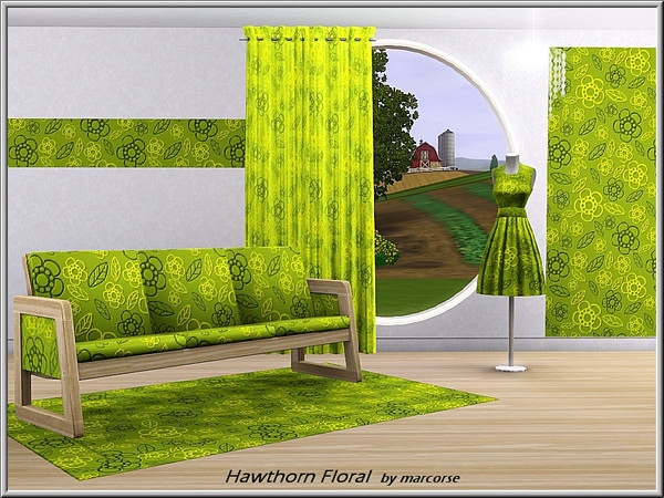 Sims 3 — Hawthorn Floral_marcorse by marcorse — Fabric pattern: hawthorn flowers and leaves in yellow and green