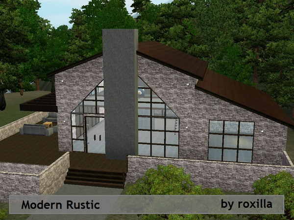 Sims 3 — Modern Rustic by Roxilla2 — Modern stone house with a rustic touch. Swimming pool, deck, large wooded garden,