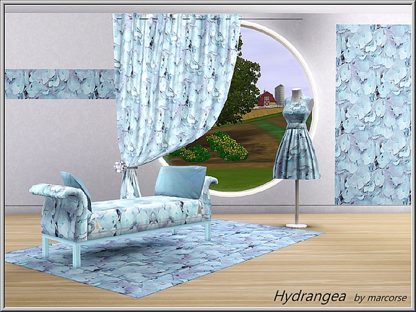 Sims 3 — Hydrangea_marcorse by marcorse — Fabric pattern: blue and lilac hydrangea flowers, closeup.