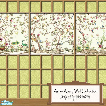 Sims 2 — Asian Aviary Wall Collection by elektra274 — A set of 6 Asian-themed paneled walls containing a mural.