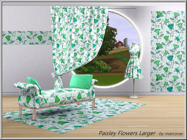 Sims 3 — Paisley Flowers  Larger_marcorse by marcorse — Fabric pattern: paisley style flowers in blue and green.