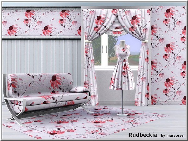 Sims 3 — Rudbeckia_marcorse by marcorse — Fabric pattern: stylised rudbeckia flowers and style flourish in red and brown.