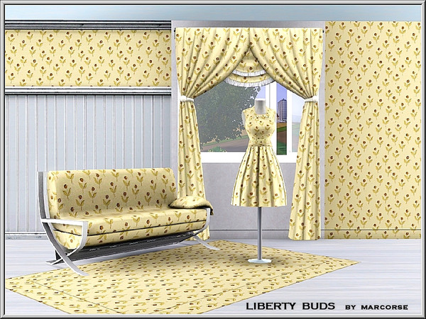 Sims 3 — Liberty Buds_marcorse by marcorse — Fabric pattern: tiny brown buds and leaves in a liberty design on yellow