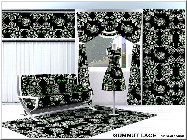 Sims 3 — Gumnut Lace_marcorse by marcorse — Fabric pattern: gumnuts and flowers in a lacy design with touches of green on
