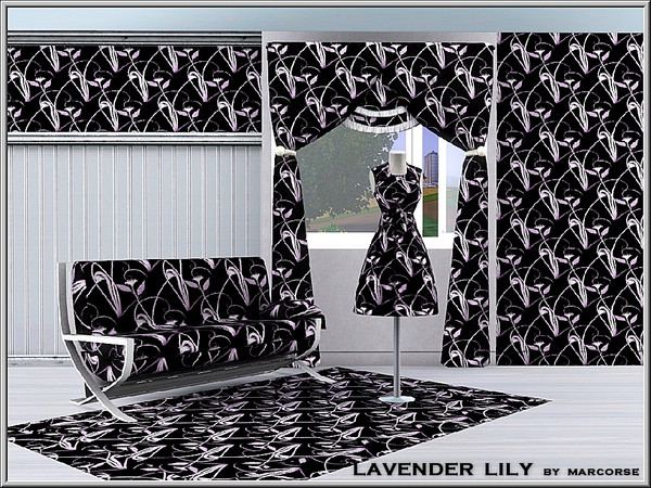 Sims 3 — Lavender Lily_marcorse by marcorse — Fabric pattern: stylised field lilies and flourish in lavender on black