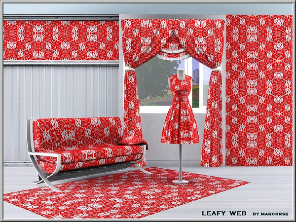 Sims 3 — Leafy Web_marcorse by marcorse — Fabric pattern: red and white leafy shapes on a flourish web