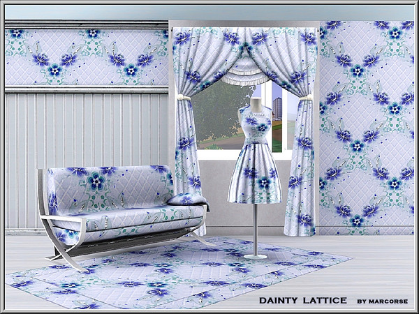 Sims 3 — Dainty Lattice_marcorse by marcorse — Fabric pattern: blue and green flowers and butterflies on blue lattice