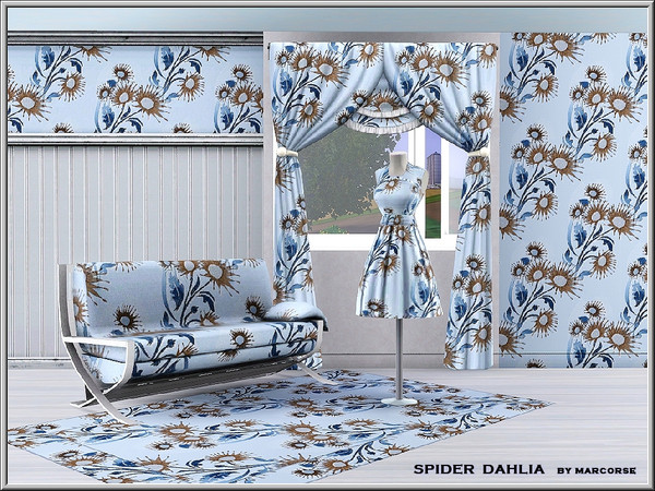 Sims 3 — Spider Dahlia_marcorse by marcorse — Fabric pattern: spider dahlias in a regular repeat design in brown and blue