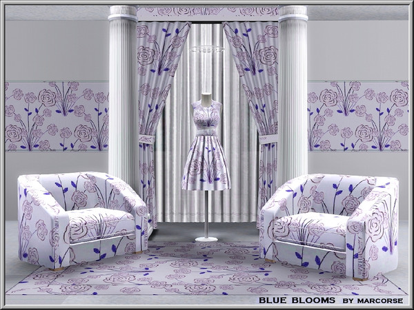 Sims 3 — Blue Blooms_marcorse by marcorse — Fabric pattern: large clumps of stylised blue flowers in a regular design.