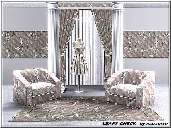 Sims 3 — Leafy Check_marcorse by marcorse — Themed pattern: white leaf sprigs on a grey/green and muddy red, lattice