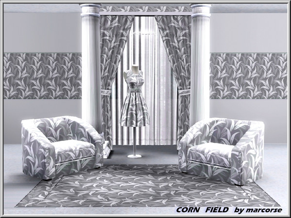 Sims 3 — Cornfield_marcorse by marcorse — Fabric pattern: stylised corn foliage in tones of grey and white.