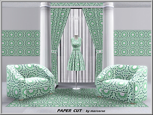 Sims 3 — Paper Cut_marcorse by marcorse — Geometric pattern: multipoint green and blue flowers in a paper cut design