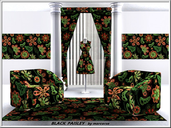 Sims 3 — Black Paisley_marcorse by marcorse — Fabric pattern: red and green paisley design on black