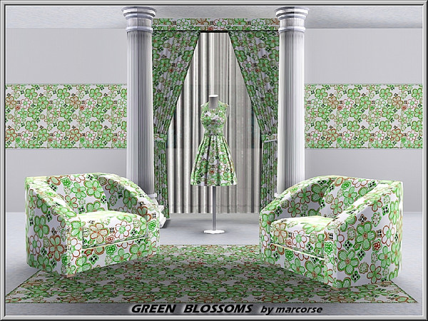 Sims 3 — Green Blossoms_marcorse by marcorse — Fabric pattern: green and white blossoms with red accents