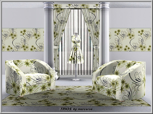 Sims 3 — Trios_marcorse by marcorse — Fabric pattern: trios of small green flowers and style elements on soft yellow