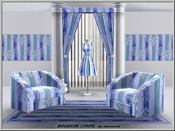 Sims 3 — Boudoir Stripe_marcorse by marcorse — Fabric pattern: romantic blue and green floral striped design