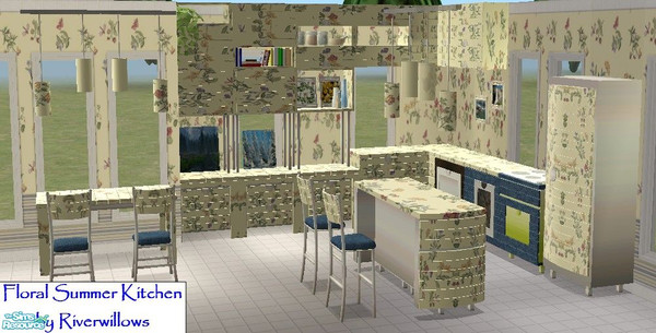 Sims 2 — Floral Summer Kitchen by Riverwillows — Lovely yellow recolor of simtomatic's great Maximo Kitchen. Done at the