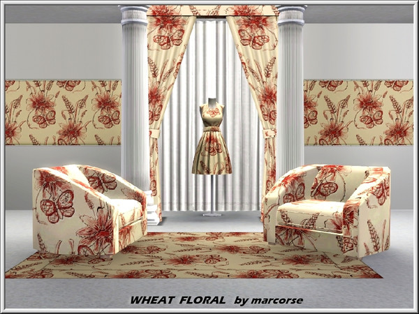 Sims 3 — Wheat Floral_marcorse by marcorse — Themed pattern: wheat ears, flowers and butterflies in a Spring design