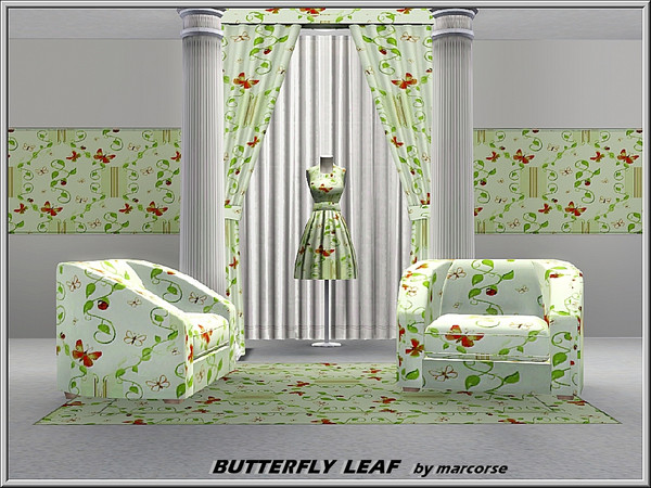Sims 3 — Butterfly Leaf_marcorse by marcorse — Fabric pattern: Red and green butterflies and leafy swirls on pale green.