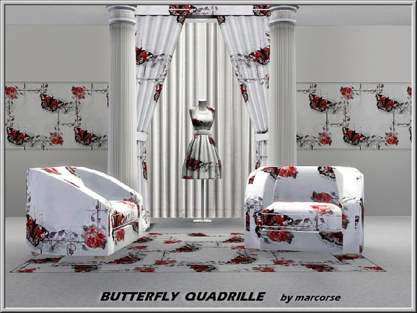 Sims 3 — Butterfly Quadrille_marcorse by marcorse — Fabric pattern: red butterflies, pink roses and vines in a quad
