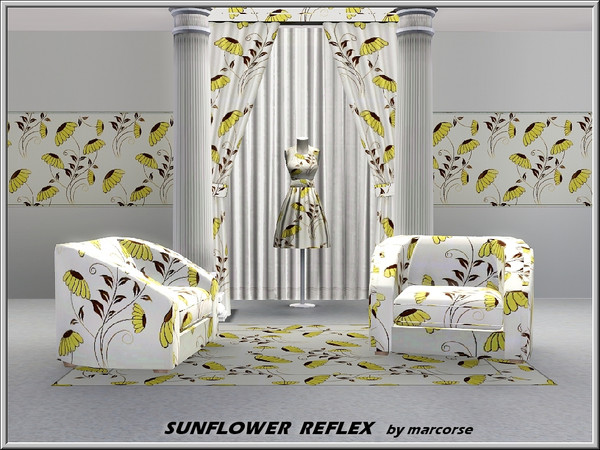 Sims 3 — Sunflower Reflex_marcorse by marcorse — Fabric pattern: sprays of yellow and brown sunflowers with reflexed